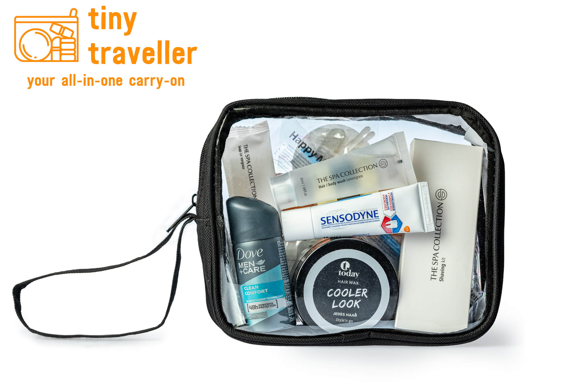 The Tiny Traveller all-in-one kit has everything you need for your next trip. The premium bag comes with a full set of high quality personal products that will save you time to pack and lots of money. All the products come in travel-friendly sizes, so you can take your Tiny Traveller in your carry-on luggage!